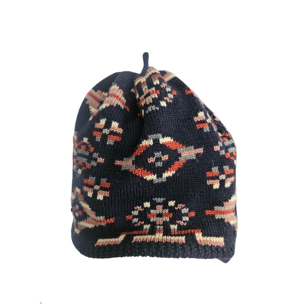 Pendleton Navy Blue Merino Wool Southwestern Geometric Knit Beanie Hat 70Z540